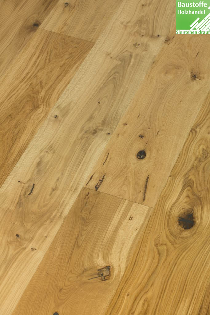 Landhausdiele 3-Schicht Eiche Rustique gebürstet 14x190mm u.14x220mm umlaufd. Klick-Verbindg.+Fase